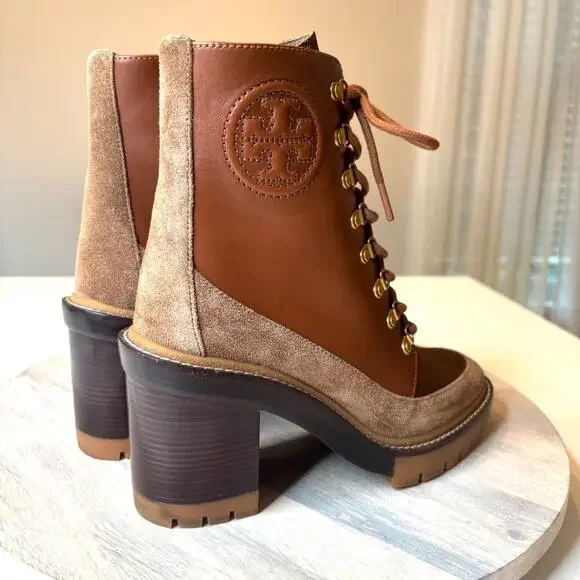 Tory Burch Miller Brown Suede Leather Lug Sole Boots Combat Boots US Size 7.5